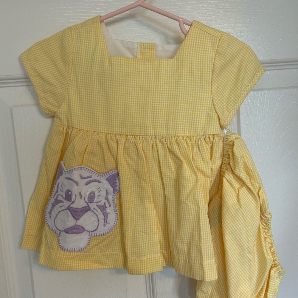Yellow 9 month Gingham Kids Dress w/ Tiger Patch (LSU) w/ Diaper Cover